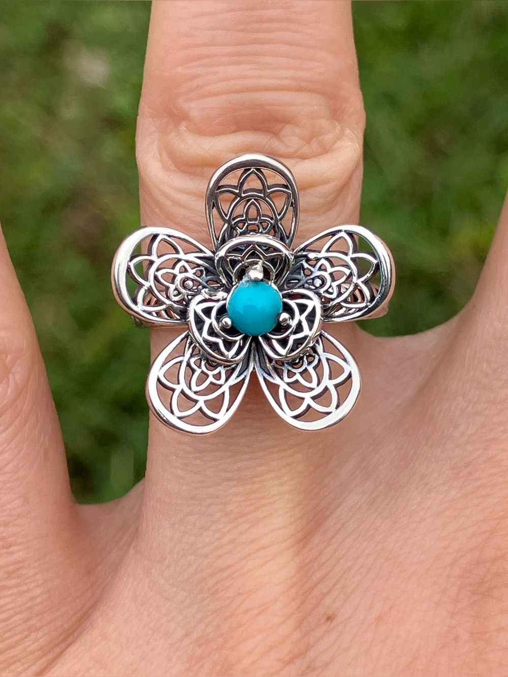 Genuine Blue Turquoise Sterling Silver Flower Ring Size 7